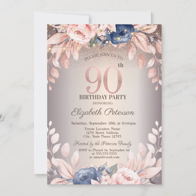 Invitation Luxe Chic Fleurs,Guirlande Lumineuse 90e Anniversa (Devant)