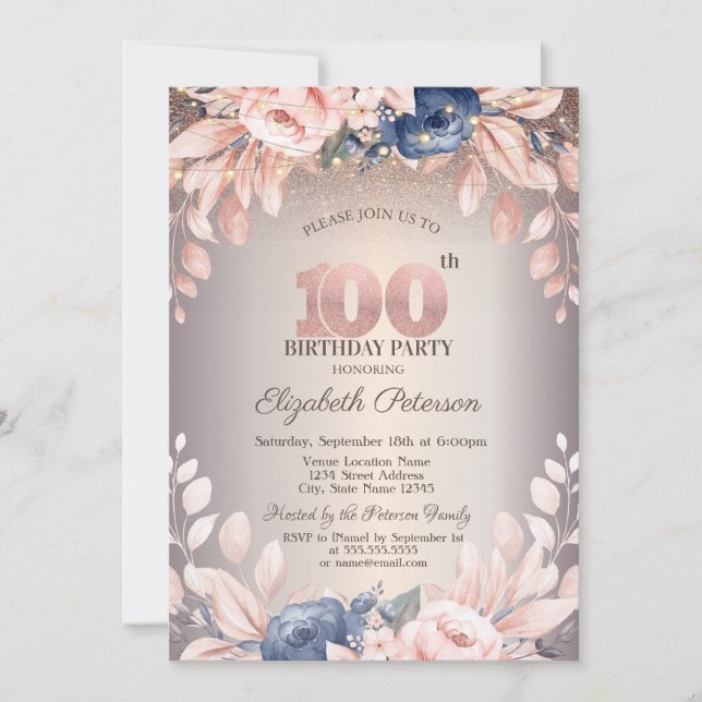 Invitation Luxe Chic Floral, String Lights 100e anniversaire (Devant)