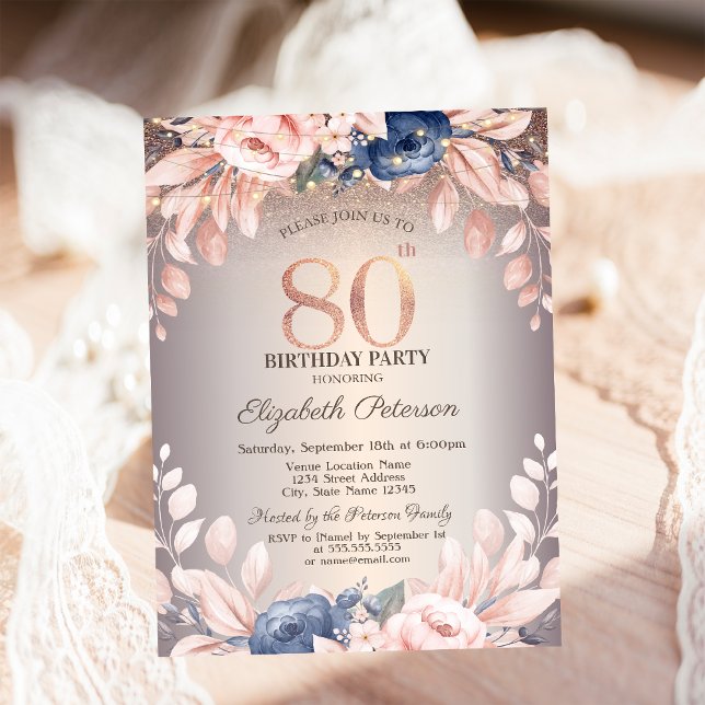 Invitation Luxe Chic Floral, String Lights 80e anniversaire (Créateur téléchargé)
