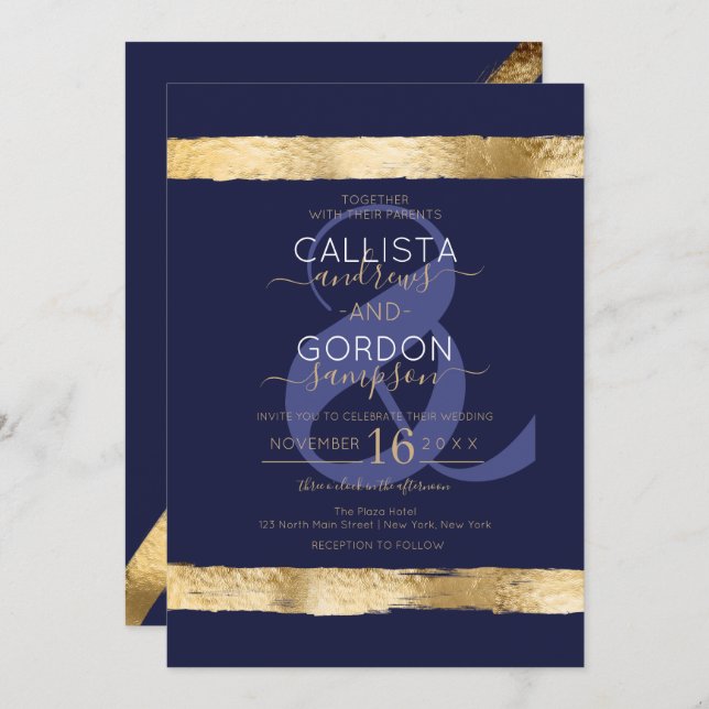Invitation Luxe Chic Navy Gold Brushstroke Border Mariage (Devant / Derrière)