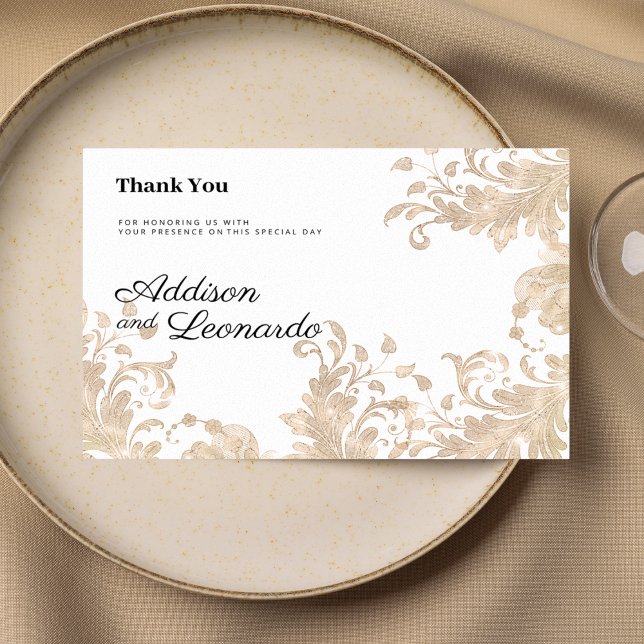 Invitation Luxe chic or blanc dentelle fleurie Merci (Luxury chic white gold floral lace Thank You)
