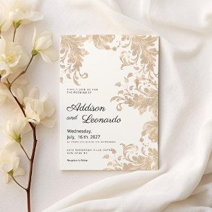 Invitation Luxe chic or blanc dentelle florale mariage