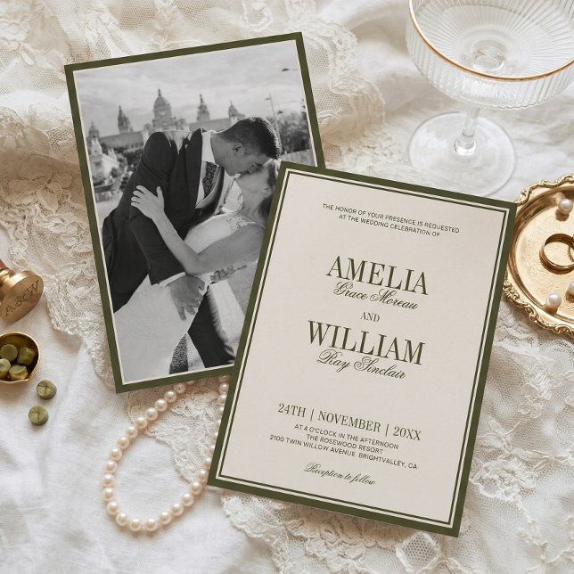 Invitation Luxe Classique Crème d'Olive Ancienne Fortune Phot (Créateur téléchargé)