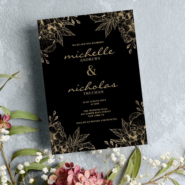Invitation Luxe classique mariage florale noir et or (Classy luxury black and gold floral wedding)