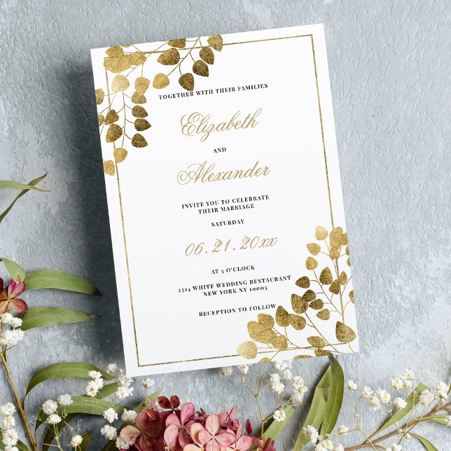 Invitation Luxe classique or blanc eucalyptus mariage (Luxury traditional white gold eucalyptus wedding invitation )