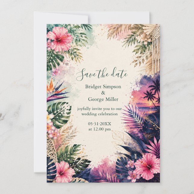 Invitation luxe Collage Hawaï Mariage Bohème Tropical  (Devant)