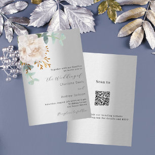 Invitation Luxe de verdure en argent floral code QR RSVP mari