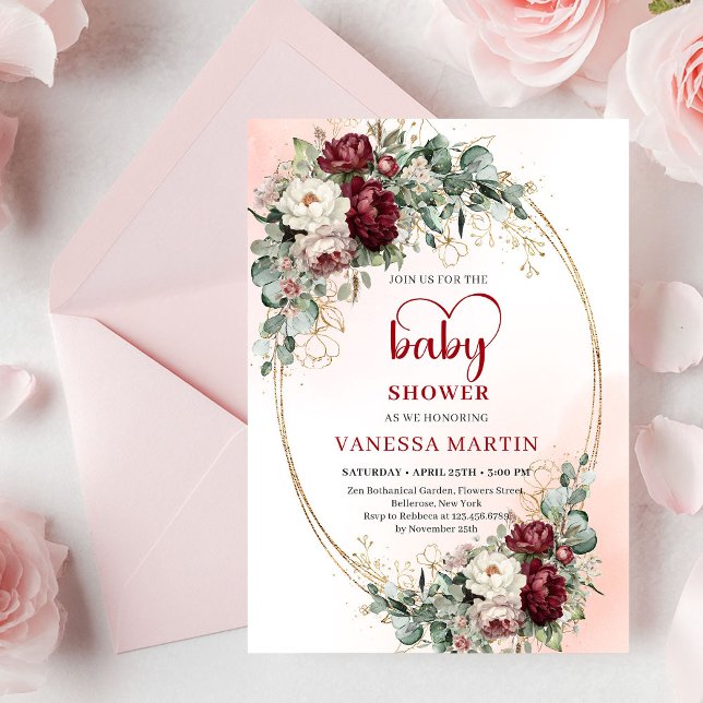 Invitation Luxe Deep Red Floral Heart-Shaped Font Baby Shower (Luxe Deep Red Floral Heart-Shaped Font Baby Shower Invitation)