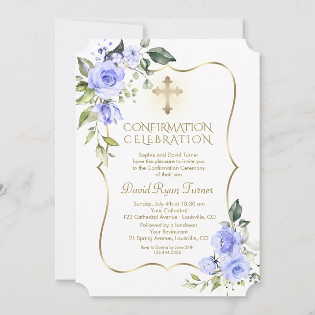 Invitation Luxe Delicate Fleurs Bleues Confirmation garçon (Devant)
