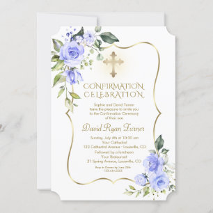 Invitation Luxe Delicate Fleurs Bleues Confirmation garçon