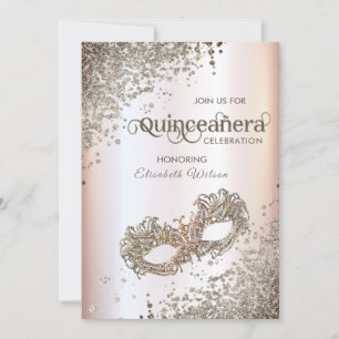 Invitation Luxe diamant mascarade Quinceañera rose doux