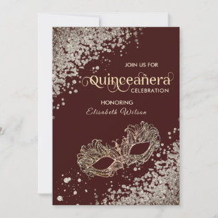 Invitation Luxe diamant Masquerade Quinceañera bordeaux