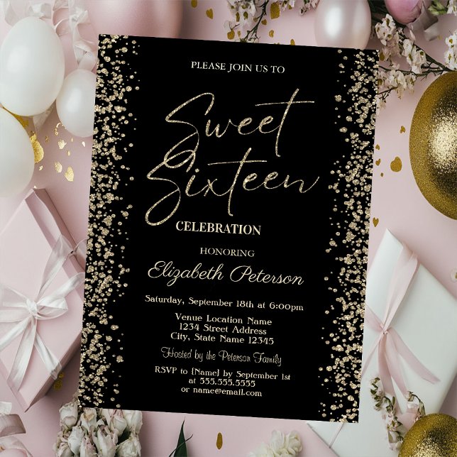 Invitation Luxe Diamants Or Fame Noir Sweet 16 (Créateur téléchargé)