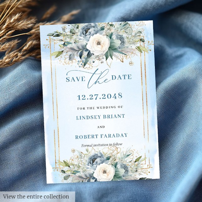 Invitation Luxe Dusty Bleu Bleu Pies Or Économisez La Date (Luxury Dusty Blue White Gold Peonies Save The Date)