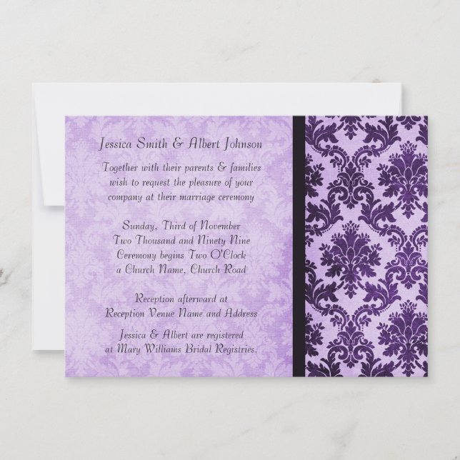 Invitation Luxe Elegant Damask Purple Rose Mariage Inviter (Devant)