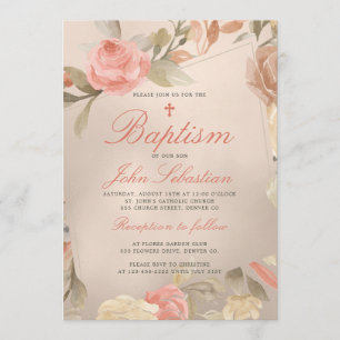 Invitation Luxe Faux Gold Foil Peach Cream Floral Baptism