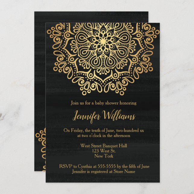 Invitation Luxe Faux Gold Mandala Baby shower noir (Devant / Derrière)