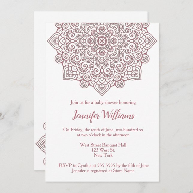 Invitation Luxe Faux ROSE Gold Mandala Baby shower blanc (Devant / Derrière)