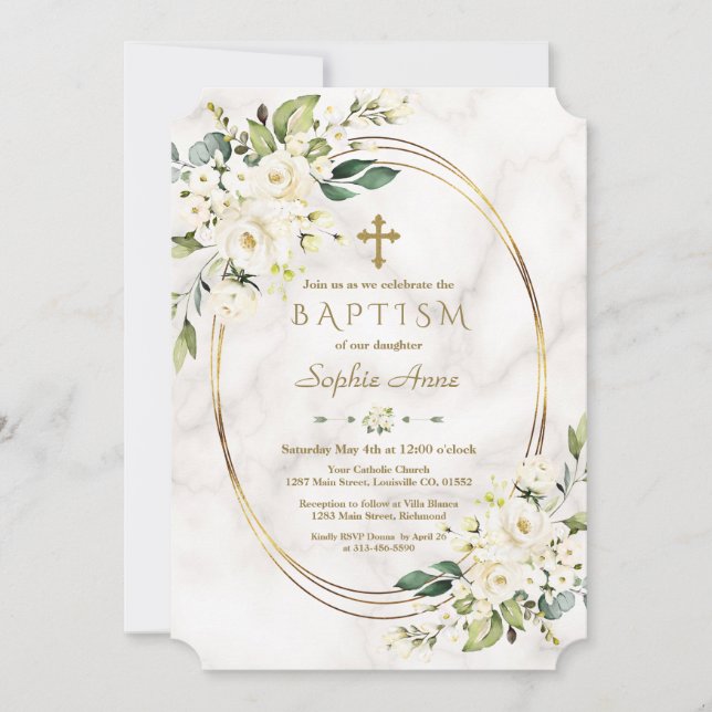 Invitation Luxe Fleurs blanches Marbre Gold Croix Baptême (Devant)