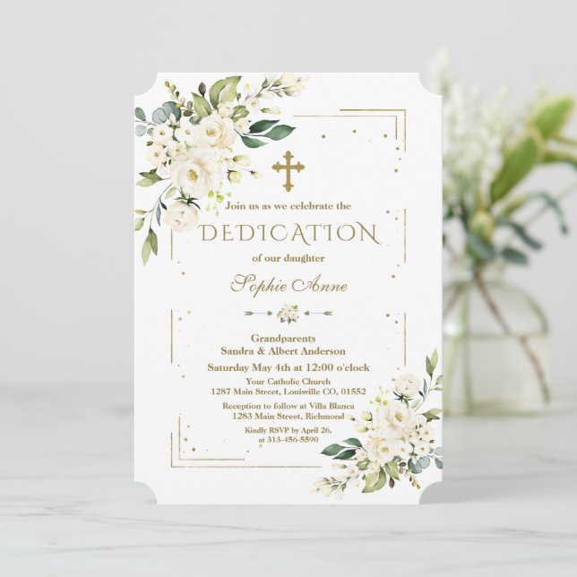 Invitation Luxe Fleurs Blanches Parties scintillant Or Dedica (Debout devant)