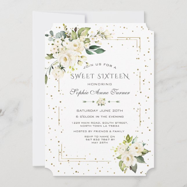 Invitation Luxe Fleurs blanches Sweet sixteen Parties scintil (Devant)