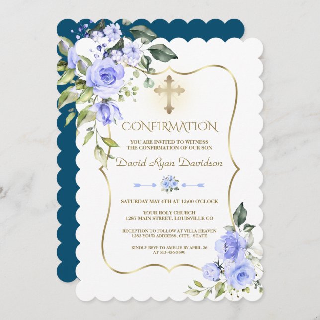 Invitation Luxe Fleurs Bleues Or Frame Boy Confirmation (Devant / Derrière)