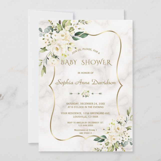 Invitation Luxe Fleurs de Crème Blanche Baby shower de Marbre (Devant)
