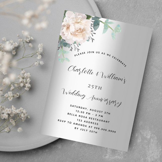 Invitation Luxe florale d'argent 25e anniversaire mariage (Créateur téléchargé)
