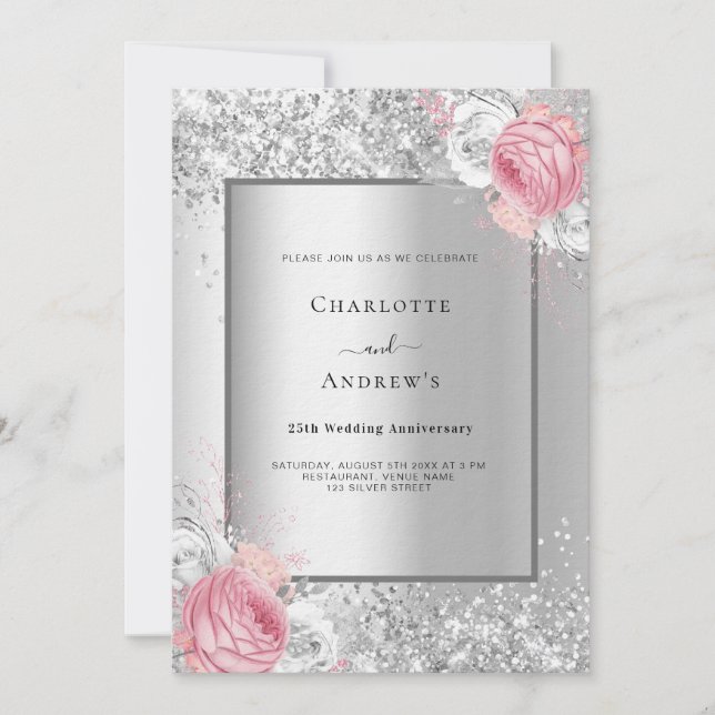 Invitation Luxe florale rose argent 25e anniversaire mariage (Devant)