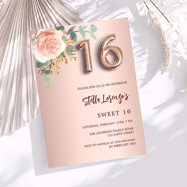 Invitation Luxe florale rose or rose Sweet 16 (Créateur téléchargé)