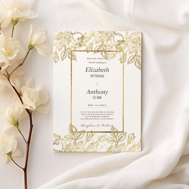 Invitation Luxe glam élégant or blanc Mariage (Luxury glam elegant white gold floral Wedding )