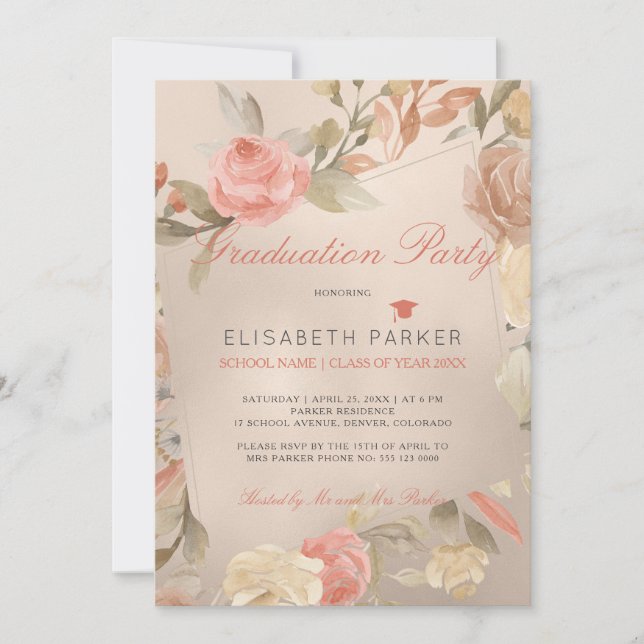 Invitation Luxe Glam Peach Cream Floral Graduation Party (Devant)