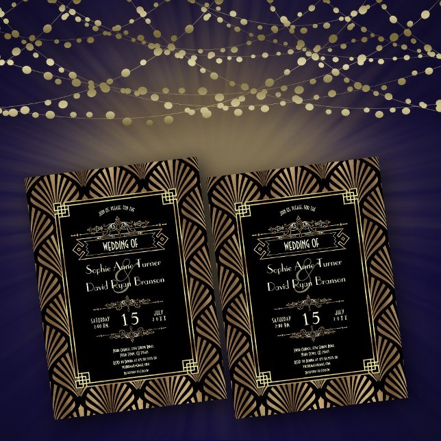 Invitation Luxe Gold Art Déco Grand Mariage des années 1920 (Art Deco wedding, roaring 20s gold black wedding, trendy gold black great Gatsby wedding)