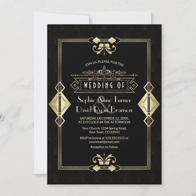 Invitation Luxe Gold Black Art Déco Fleur de Lis Mariage (Devant)