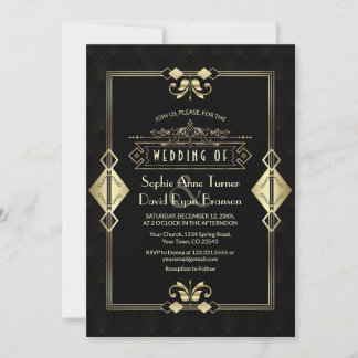 Invitation Luxe Gold Black Art Déco Fleur de Lis Mariage