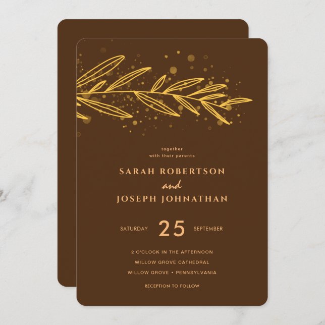 Invitation Luxe Gold Botanique Foliage Brown Mariage (Devant / Derrière)