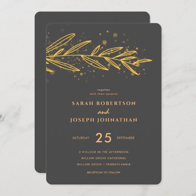 Invitation Luxe Gold Botanique Foliage Gris Mariage (Devant / Derrière)