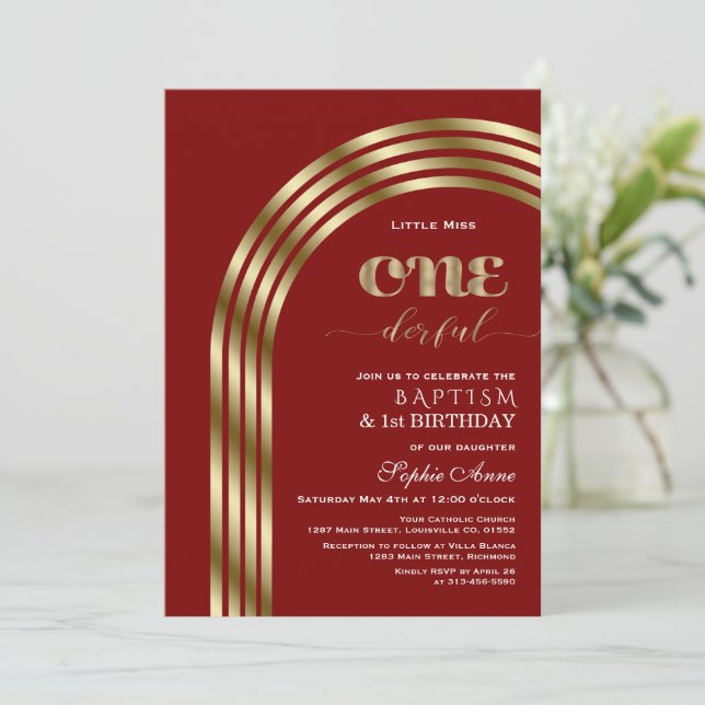 Invitation Luxe Gold Burgundy Girl Premier anniversaire & Bap (Debout devant)