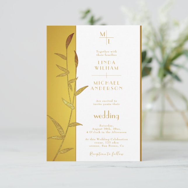 Invitation Luxe Gold Calligraphie & mariage Feuille d'or (Debout devant)