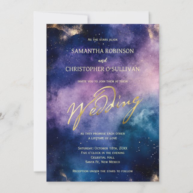 Invitation Luxe Gold Foil Starry Mariage de nuit (Devant)