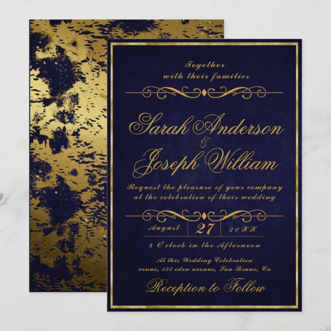 Invitation Luxe Gold Frame Foil & Texture Purple Mariage I (Devant / Derrière)