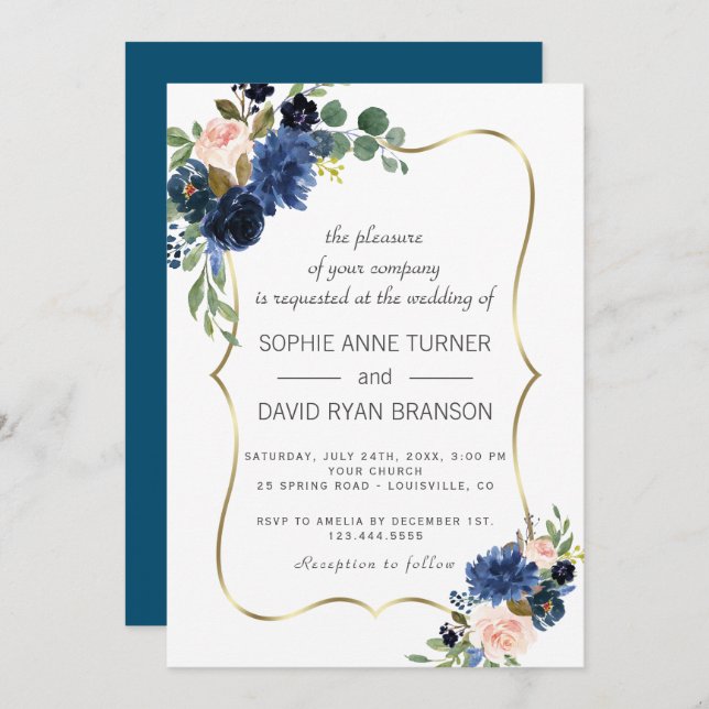 Invitation Luxe Gold Marine Blue Blush Flowers Mariage en fle (Devant / Derrière)