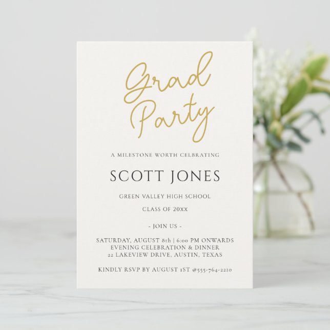 Invitation Luxe Gold Script Grad Party Invite (Debout devant)