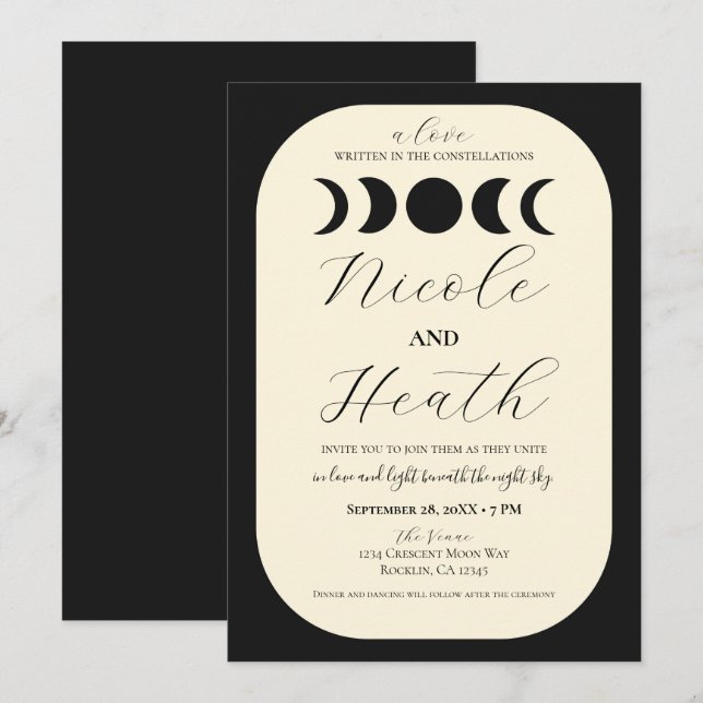 Invitation Luxe Luna Noir & Crème Phase Lunaire Mariage  (Devant / Derrière)