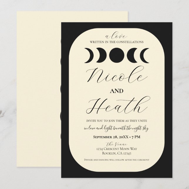Invitation Luxe Lunaire Mariage à Phase de Lune Noir & Crème  (Devant / Derrière)