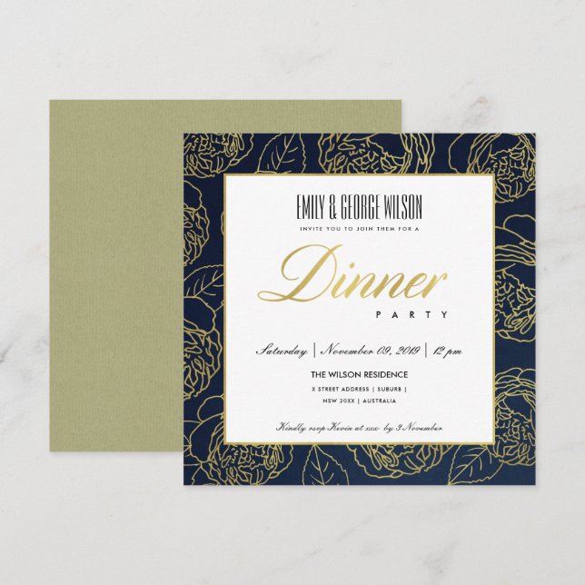 INVITATION LUXE LUSH NAVY FAUX OR ROSE FLORAL DINER DE SOIREE (Devant / Derrière)