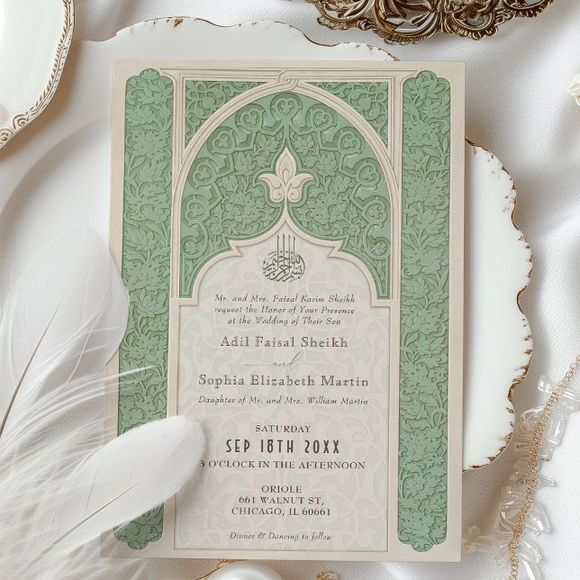 Invitation Luxe Mariage de laque islamique Sage Green (Créateur téléchargé)