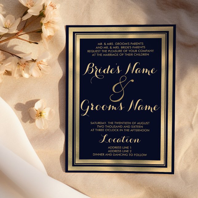 Invitation Luxe Mariage moderne moderne marine bleu or (Luxury stylish modern navy blue gold Wedding )