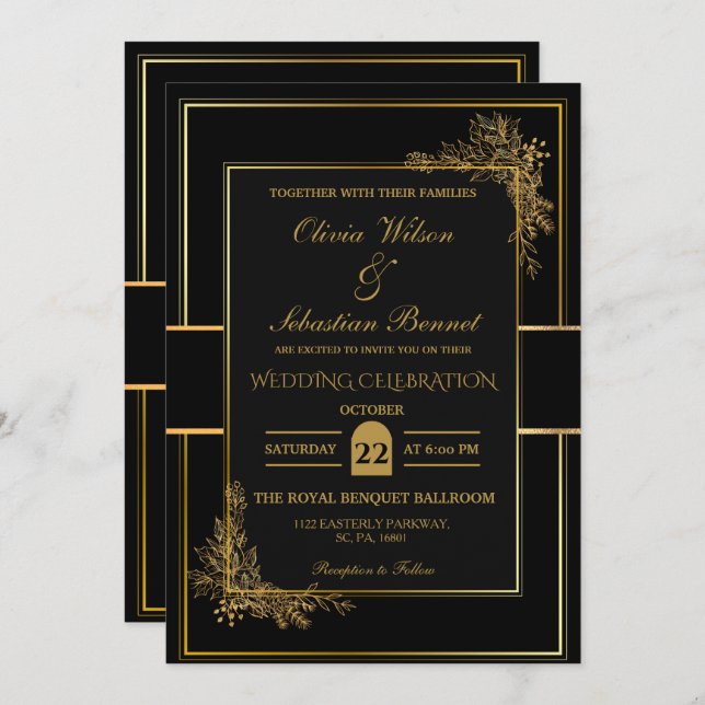 INVITATION LUXE MARIAGE NOIR & OR (Devant / Derrière)