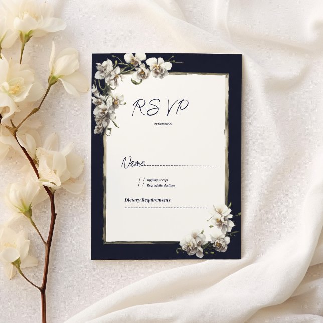 Invitation Luxe marine bleu or blanc orchidée floral RSVP (Luxury navy blue gold white orchid floral RSVP)